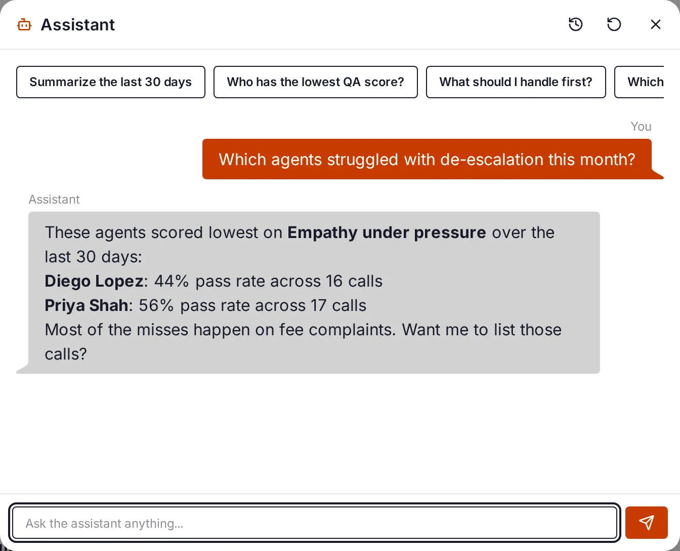 The AI assistant answering which agents struggled with de-escalation this month, with pass rates per agent.
