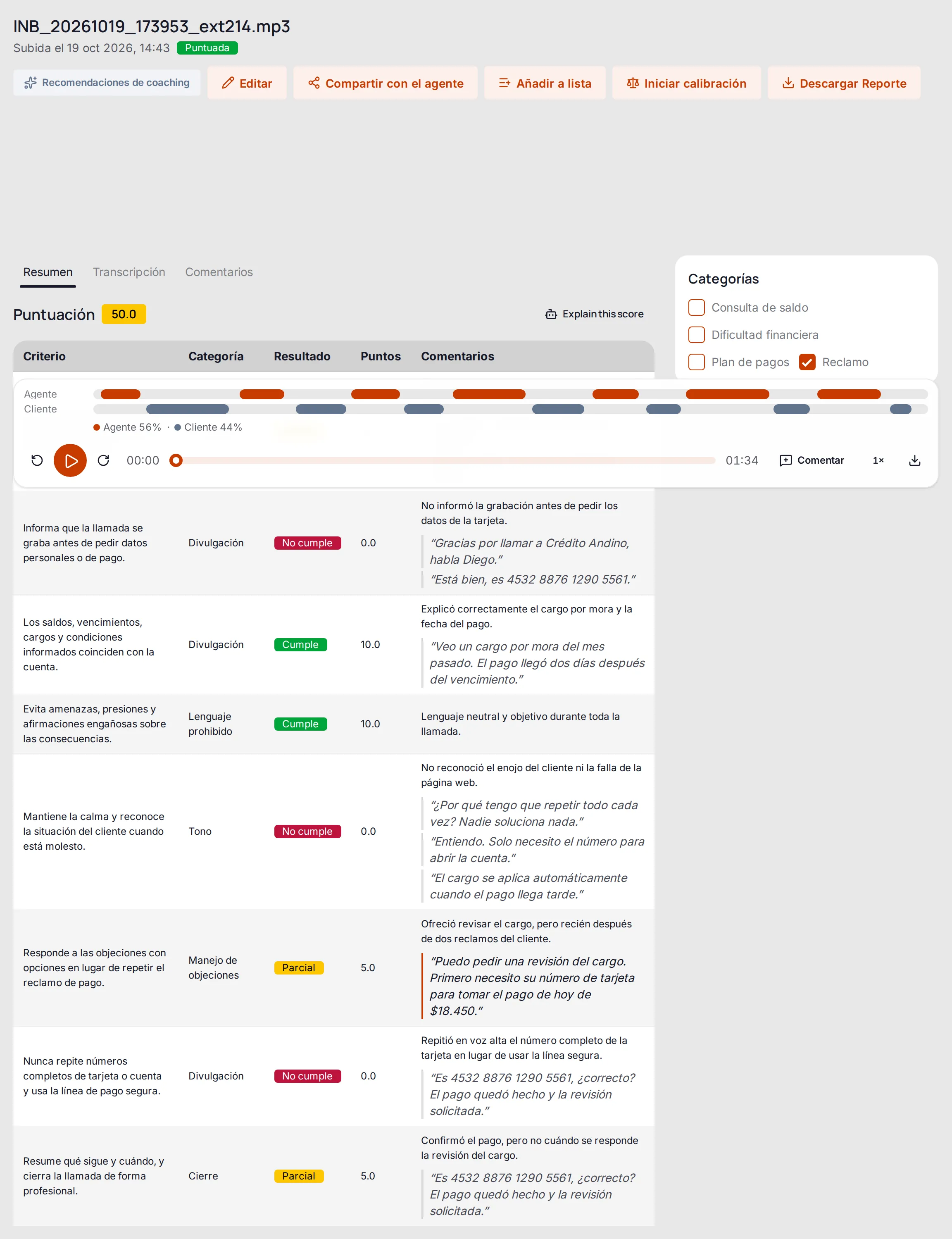 Evaluación de una llamada de reclamo: cada criterio con su resultado, puntos, comentario y frases de la transcripción.