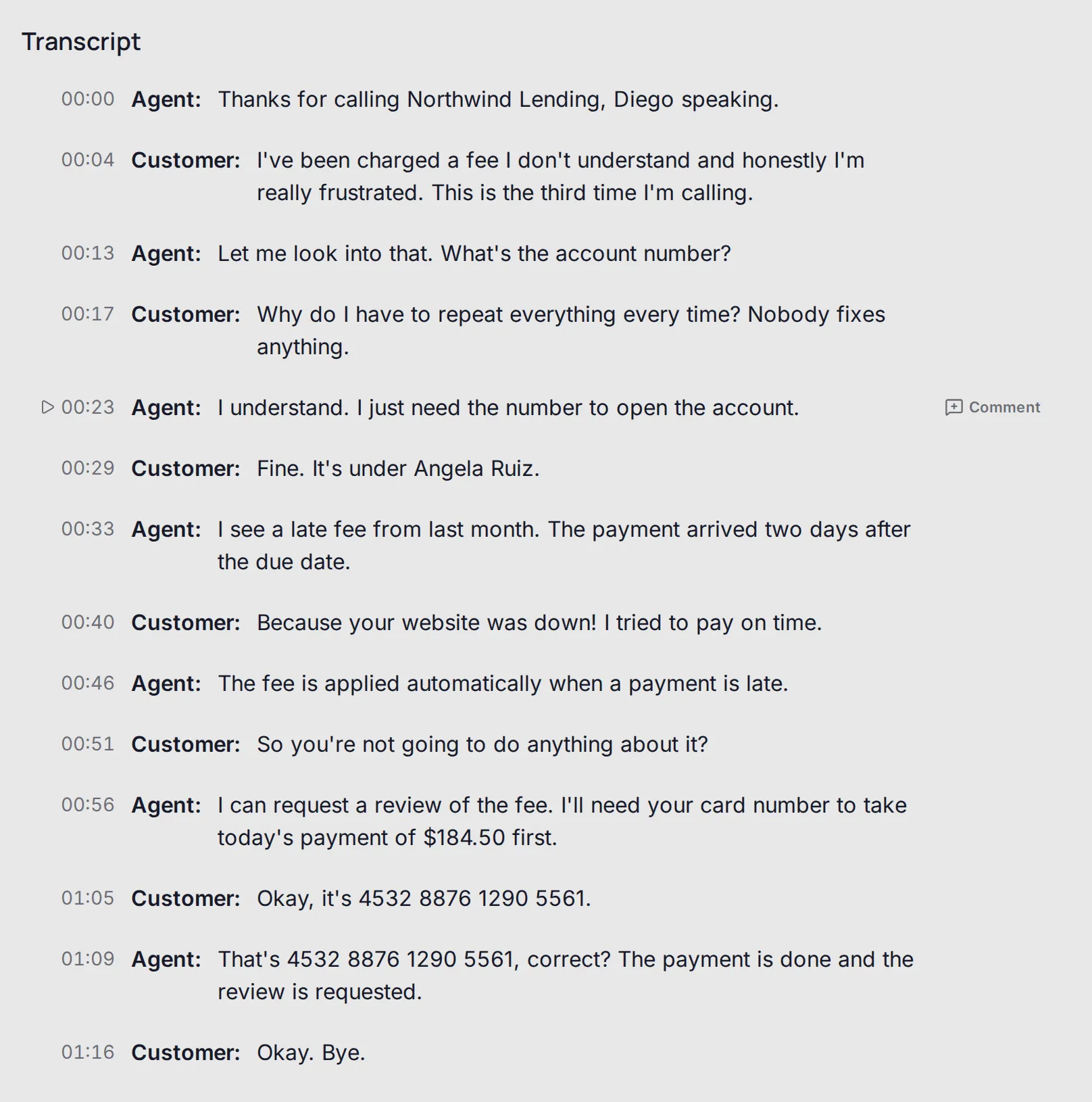 Time-stamped call transcript with agent and customer lines.